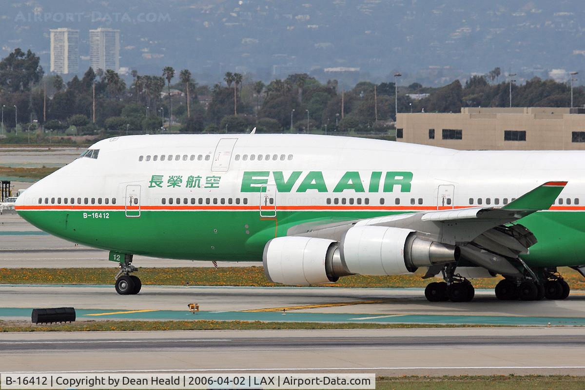 B-16412, Boeing 747-45E C/N 29112, EVA Air Boeing 747-45E B-16412 holding short of RWY 25R after arriving RWY 25L.