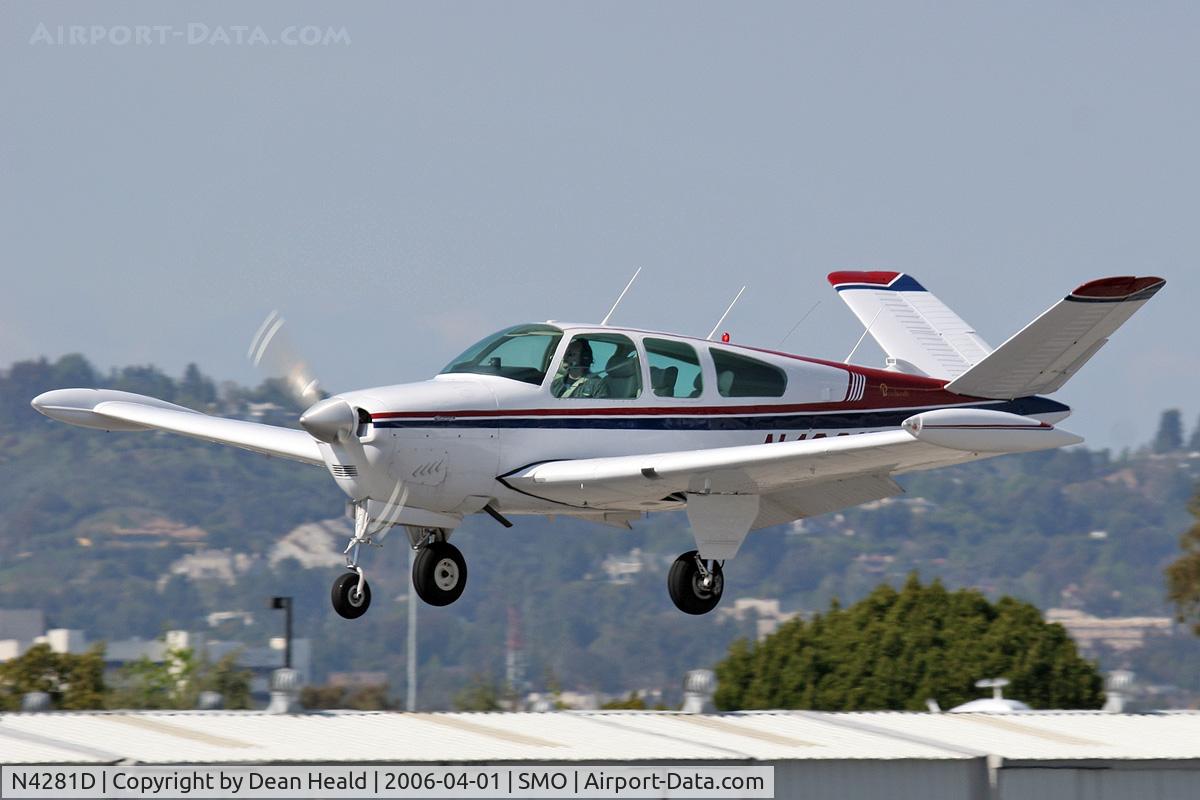 N4281D, 1956 Beech G35 Bonanza C/N D-4499, 1956 Beech G35 N421D arriving RWY 21 at Santa Monica Municipal Airport.
