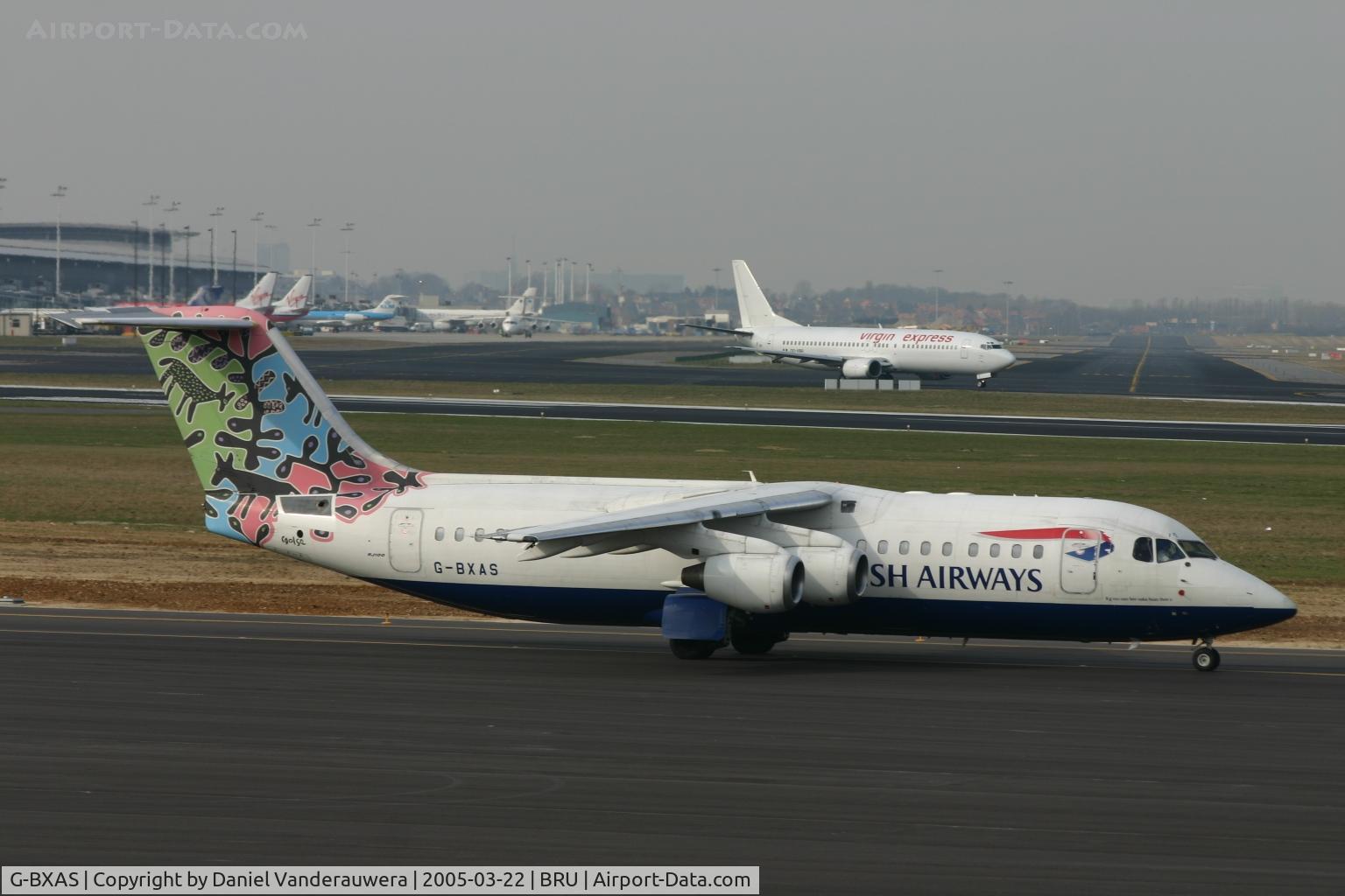 G-BXAS, 1997 British Aerospace Avro 146-RJ100 C/N E3301, queueing to take off on rnw 25R