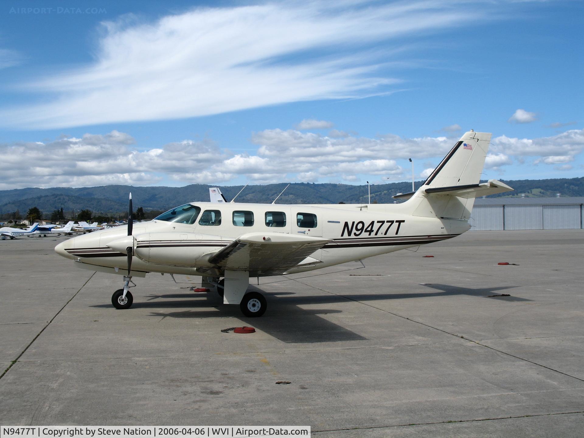N9477T, 1981 Cessna T303 Crusader C/N T30300021, Celestial Air 1981 Cessna T303 on day trip from Lincoln Airport in late afternoon sun @ Watsonville Municipal Airport, CA
