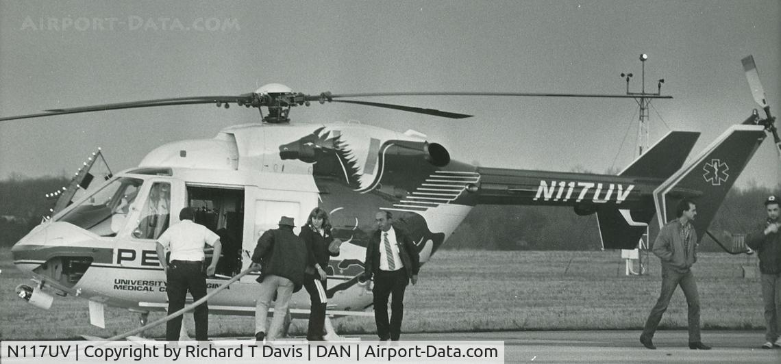 N117UV, Eurocopter-Kawasaki BK-117B-2 C/N 7022, Univ.Va.Med.Center Helo in May 1985 picking up patient and fuel in Danville Va.