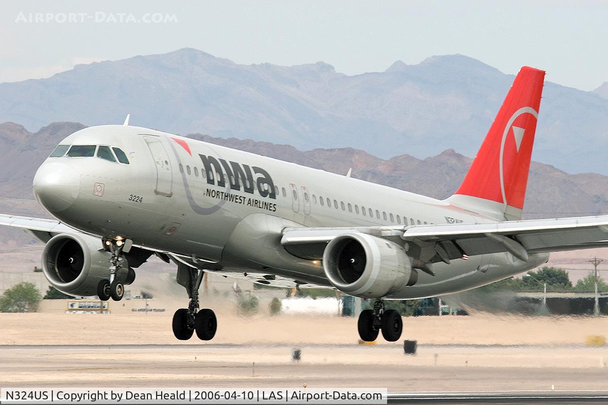 N324US, 1992 Airbus A320-211 C/N 273, Northwest Airlines N324US (FLT NWA1105) arriving RWY 25L from Detroit Metro Wayne Co (KDTW), Michigan.