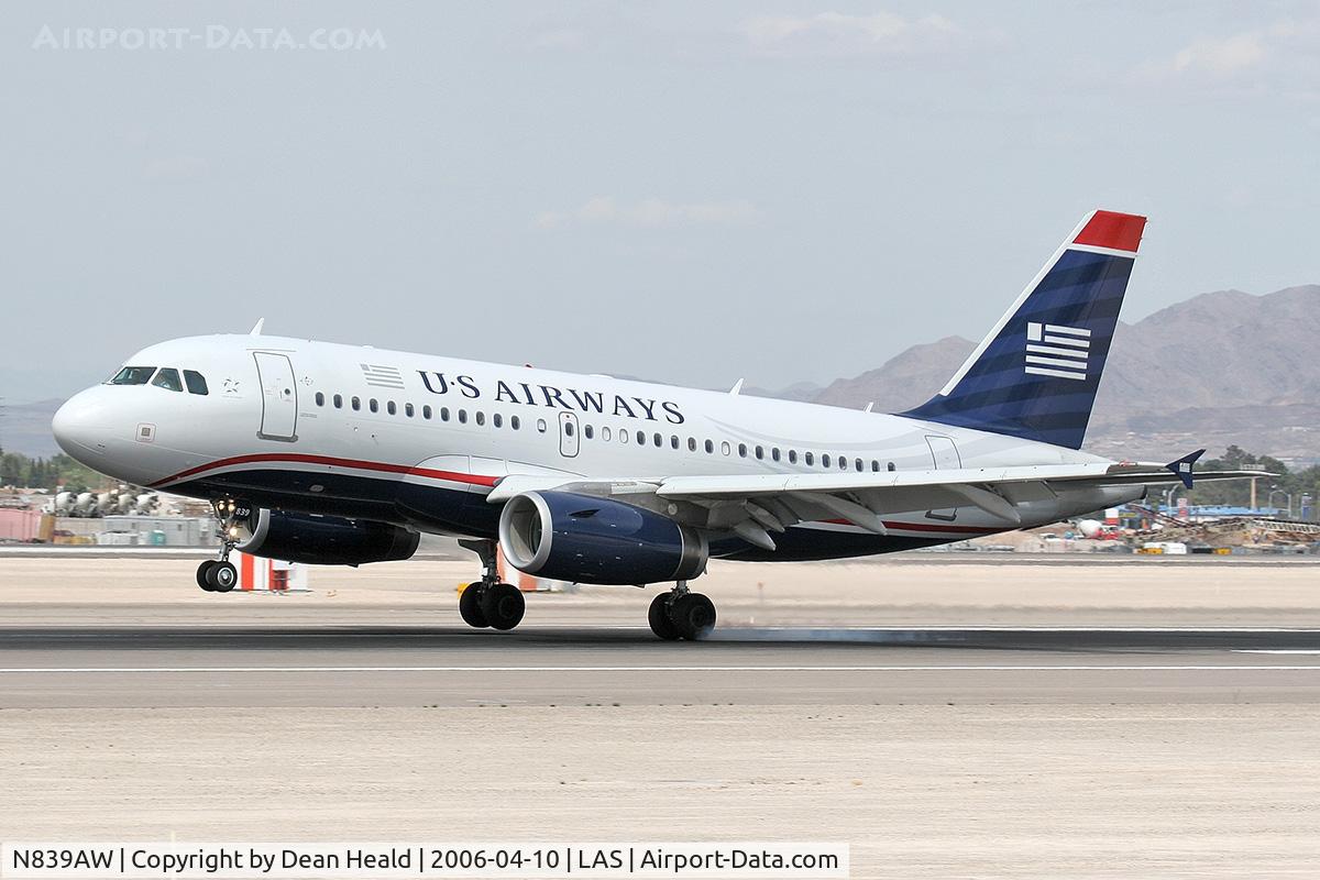 N839AW, 2006 Airbus A319-132 C/N 2669, US Airways N839AW (FLT AWE736) touching down on RWY 25L after a 51-minute flight from San Diego, CA (KSAN).