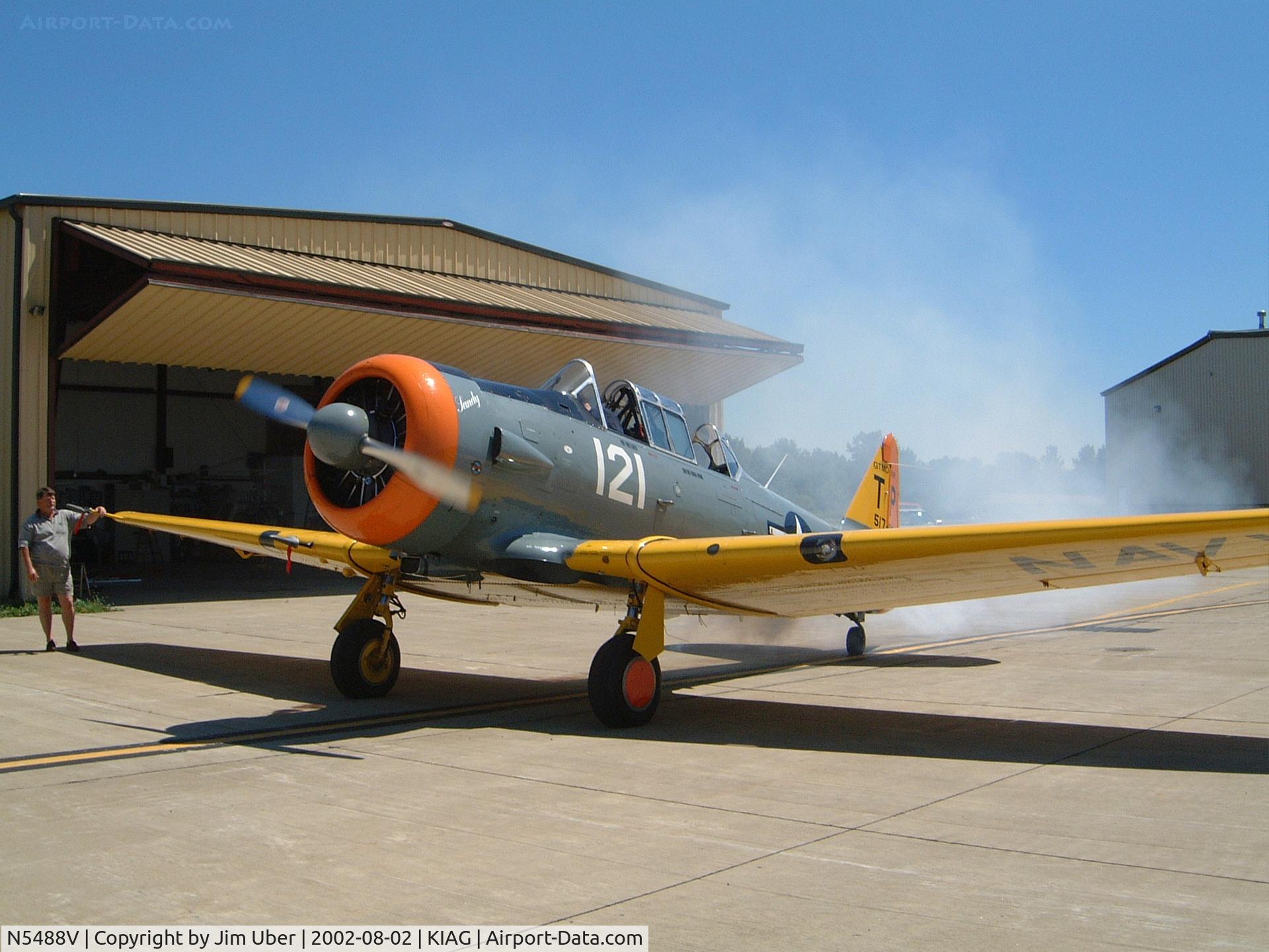 N5488V, North American SNJ-5 Texan C/N 51789, Paul's testing the smoke system