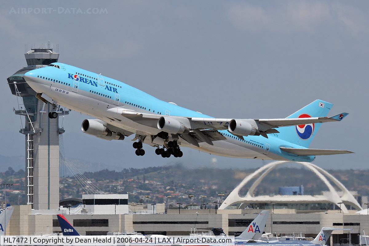 HL7472, 1996 Boeing 747-4B5 C/N 26403, Korean Air HL7490 (747-4B5) -FLT KAL18 - departing LAX RWY 25R enroute to Seoul, Korea (Incheon International Airport - RKSI).