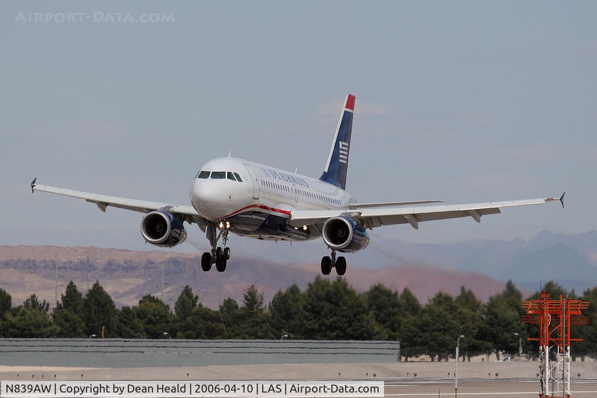 N839AW, 2006 Airbus A319-132 C/N 2669, US Airways N839AW (FLT AWE736) seconds away from touchdown on RWY 25L after a 51-minute flight from San Diego, CA (KSAN).