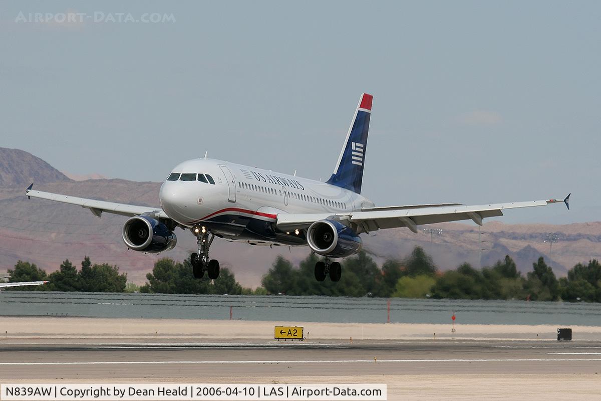 N839AW, 2006 Airbus A319-132 C/N 2669, US Airways N839AW (FLT AWE736) seconds away from touchdown on RWY 25L after a 51-minute flight from San Diego, CA (KSAN).