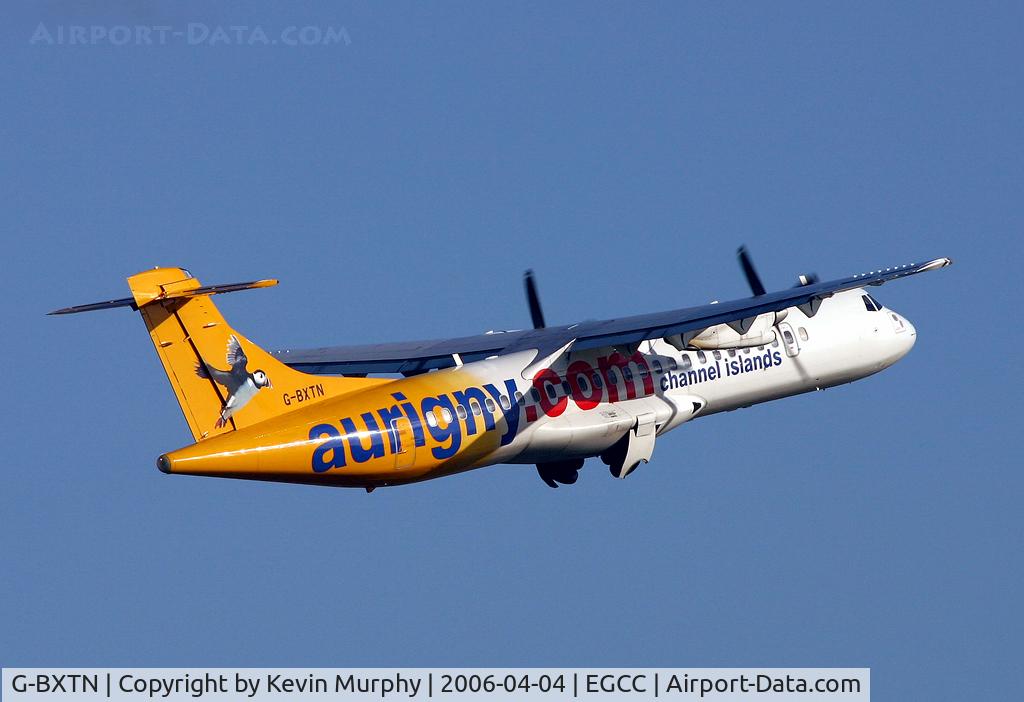 G-BXTN, 1996 ATR 72-202 C/N 483, Aurigny's nicely painted ATR soaring away from 06L.