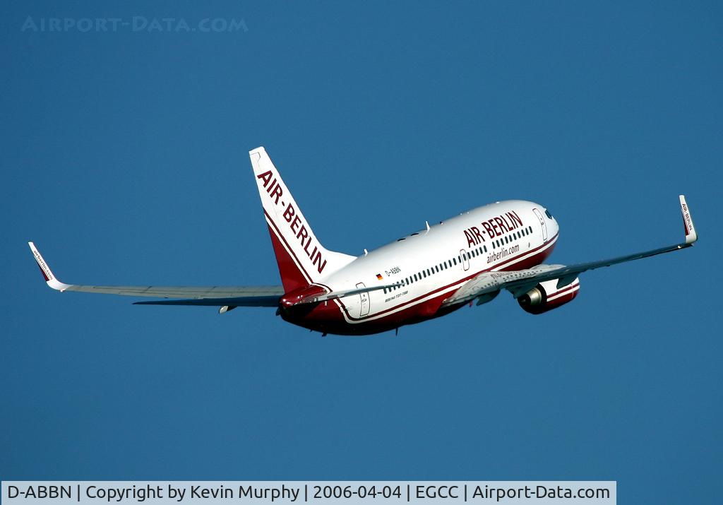 D-ABBN, 2004 Boeing 737-76Q C/N 30293, Air Berlin's wingletted B.737 drifting away from MAN's 06L.