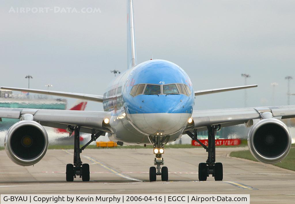 G-BYAU, 1994 Boeing 757-204 C/N 27220, Face to face with Thomsonfly's 'Preying Mantis'.