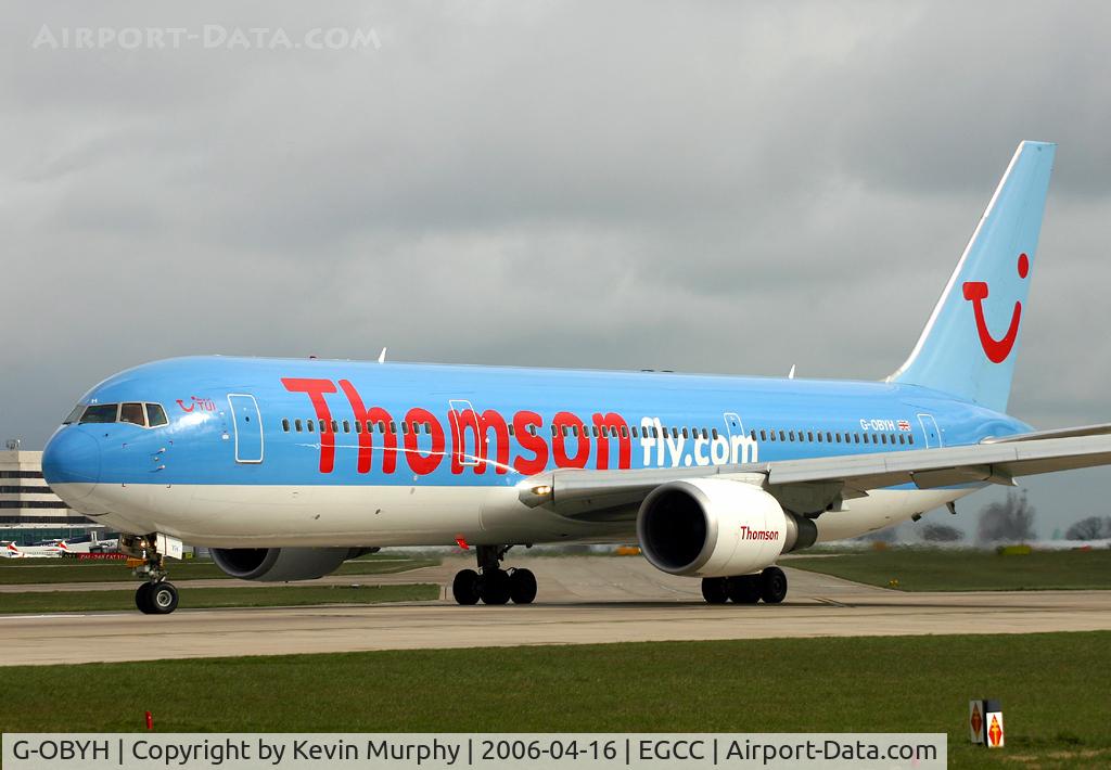 G-OBYH, 1999 Boeing 767-304/ER C/N 28883, Entering 24L at the threshold.
