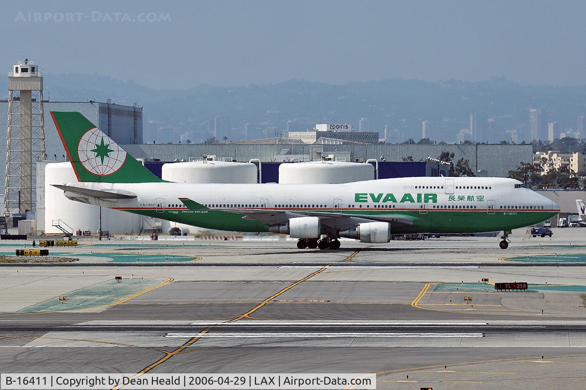 B-16411, Boeing 747-45E C/N 29111, EVA Air B-16411 taxiing to the international terminal after arriving om the North Complex.