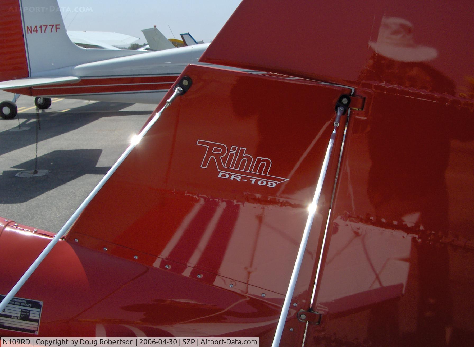 N109RD, 1996 Rihn DR-109 C/N 001-P, 1996 Dodge RIHN DR-109 tail logo and double bracing, balanced rudder