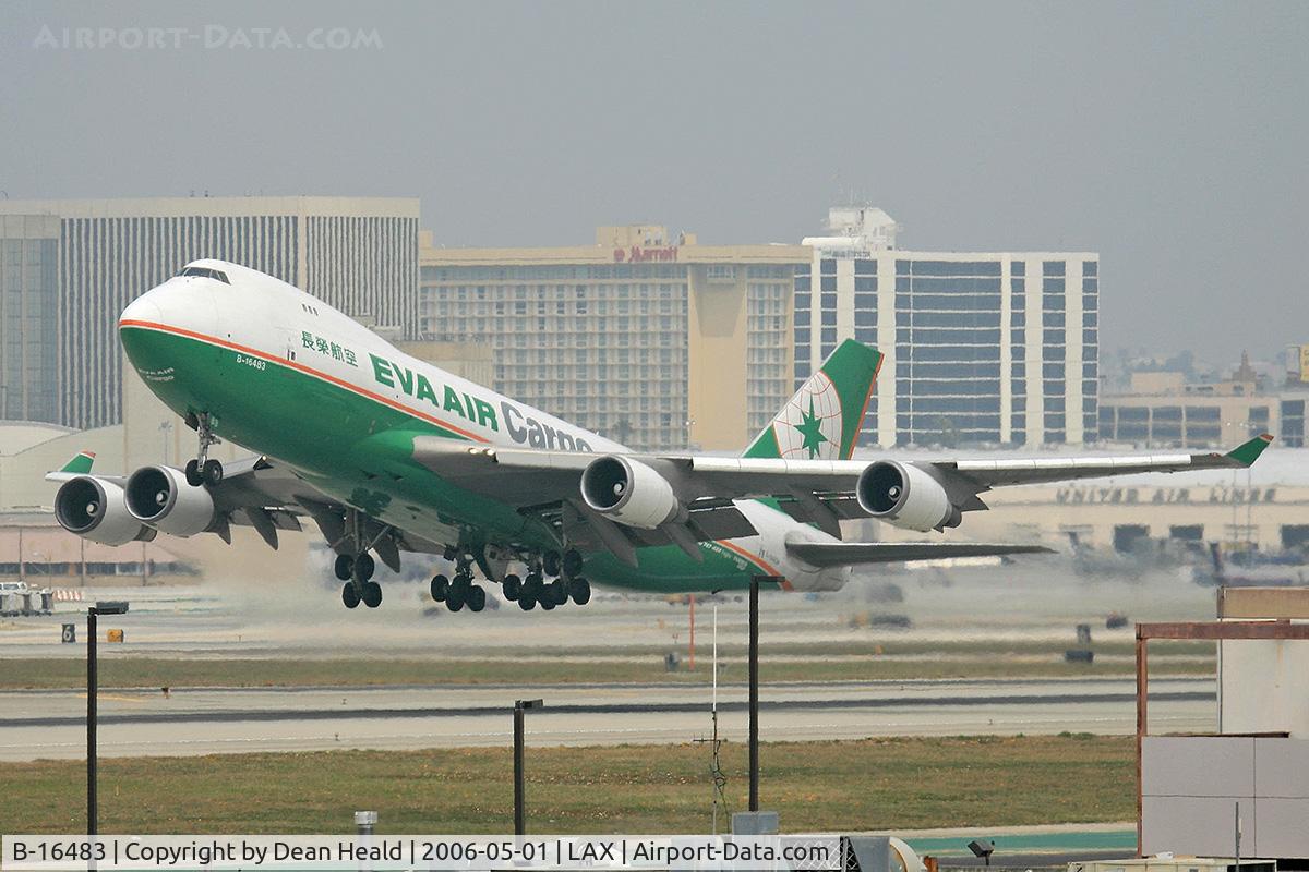 B-16483, 2002 Boeing 747-45EF (SCD) C/N 30609, EVA Air Cargo B-16483 (FLT EVA607) departing LAX RWY 25L (on a foggy, overcast day), enroute to Chiang Kai Shek International Airport (RCTP) - Taipei, Taiwan