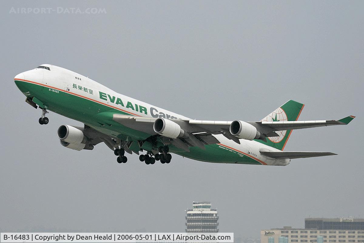 B-16483, 2002 Boeing 747-45EF (SCD) C/N 30609, EVA Air Cargo B-16483 (FLT EVA607) climbing out from LAX RWY 25L (on a foggy, overcast day), enroute to Chiang Kai Shek International Airport (RCTP) - Taipei, Taiwan