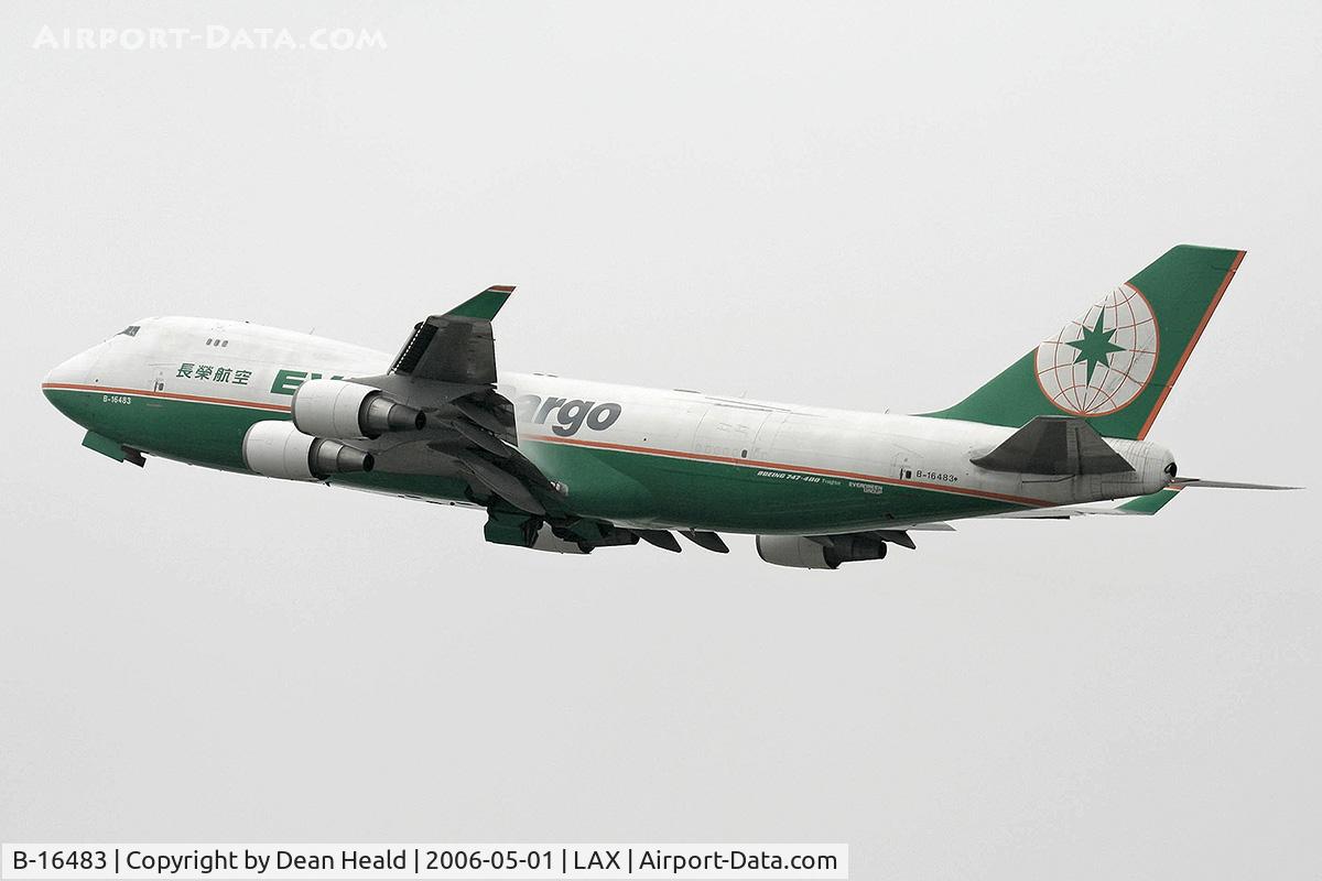 B-16483, 2002 Boeing 747-45EF (SCD) C/N 30609, EVA Air Cargo B-16483 (FLT EVA607) climbing out from LAX RWY 25L (on a foggy, overcast day), enroute to Chiang Kai Shek International Airport (RCTP) - Taipei, Taiwan