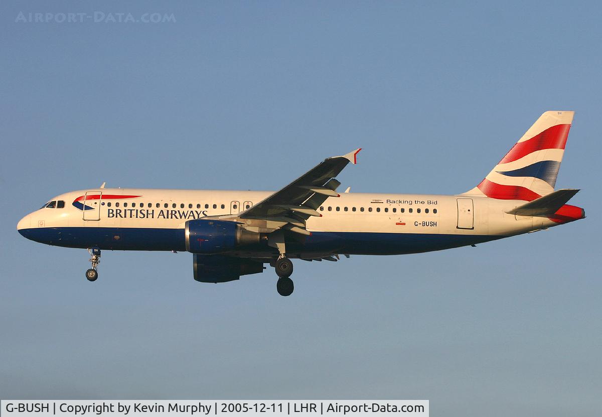 G-BUSH, 1989 Airbus A320-211 C/N 042, 'George' coming in on 27L at Heathrow.
