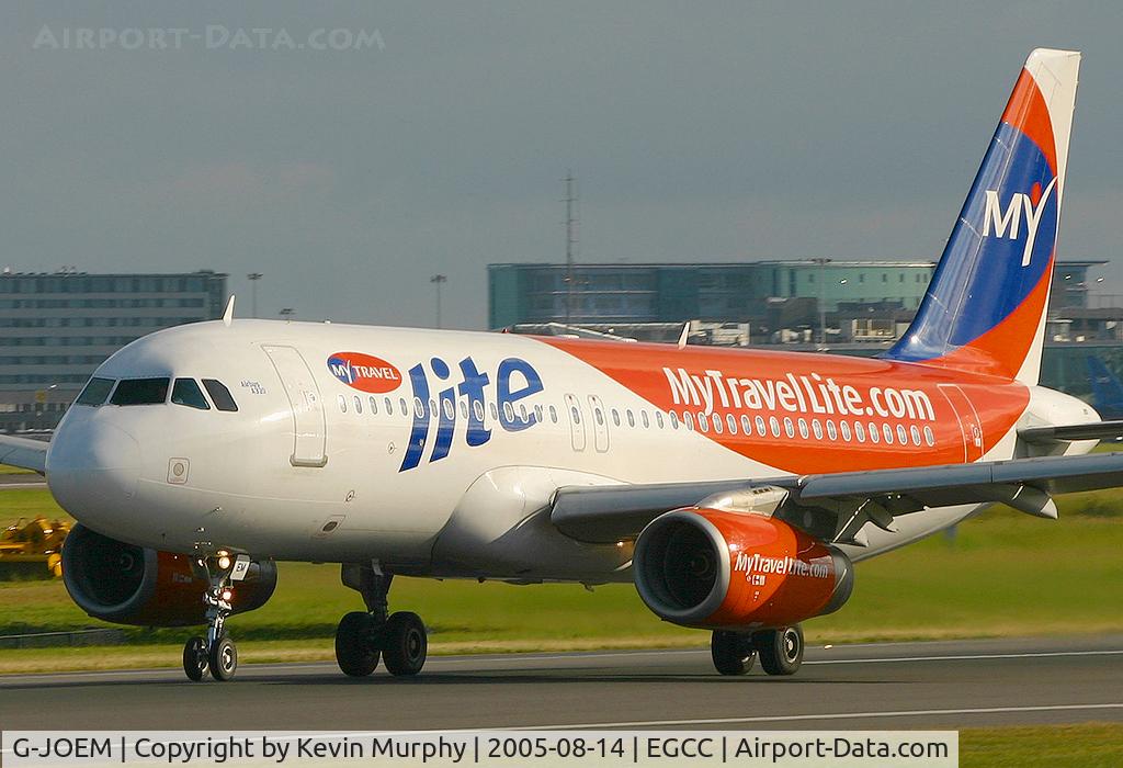 G-JOEM, 1993 Airbus A320-231 C/N 449, Now defunct My Travel 'LITE' leaving 24L.
