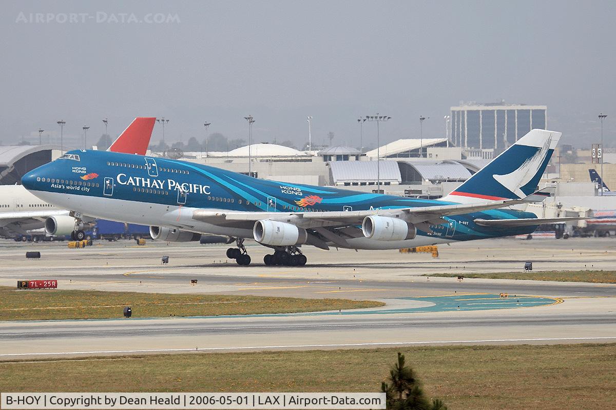 B-HOY, 1991 Boeing 747-467 C/N 25351, Cathay Pacific B-HOY (FLT CPA885) departing LAX RWY 25R enroute to Hong Kong Int'l (VHHH).