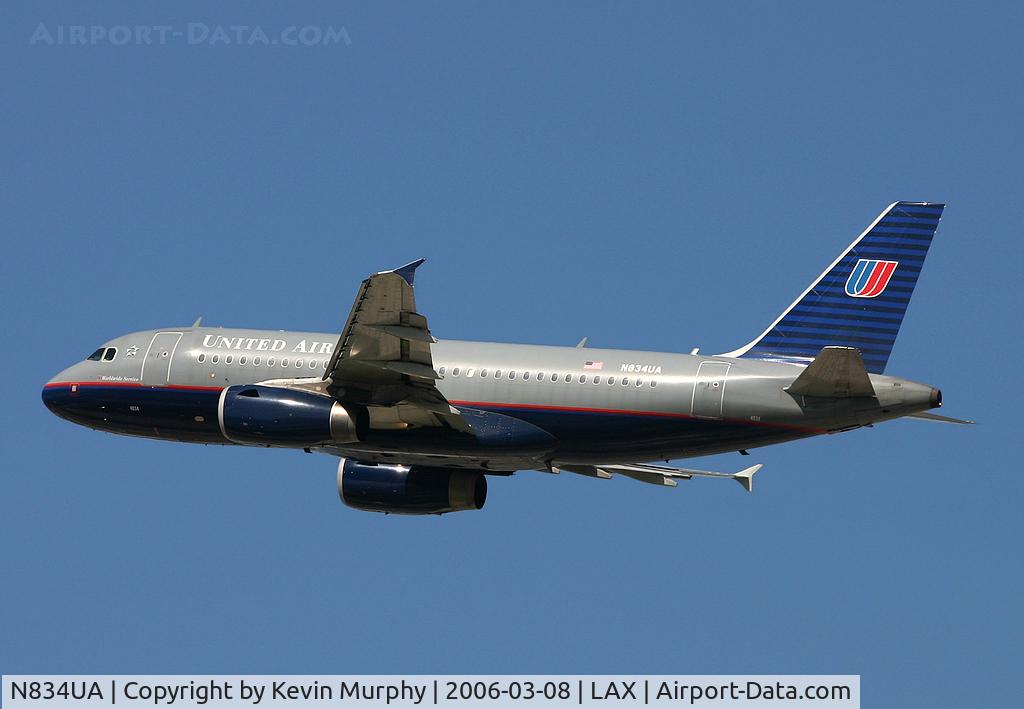 N834UA, 2001 Airbus A319-131 C/N 1420, Gracefully departing from Los Angeles.