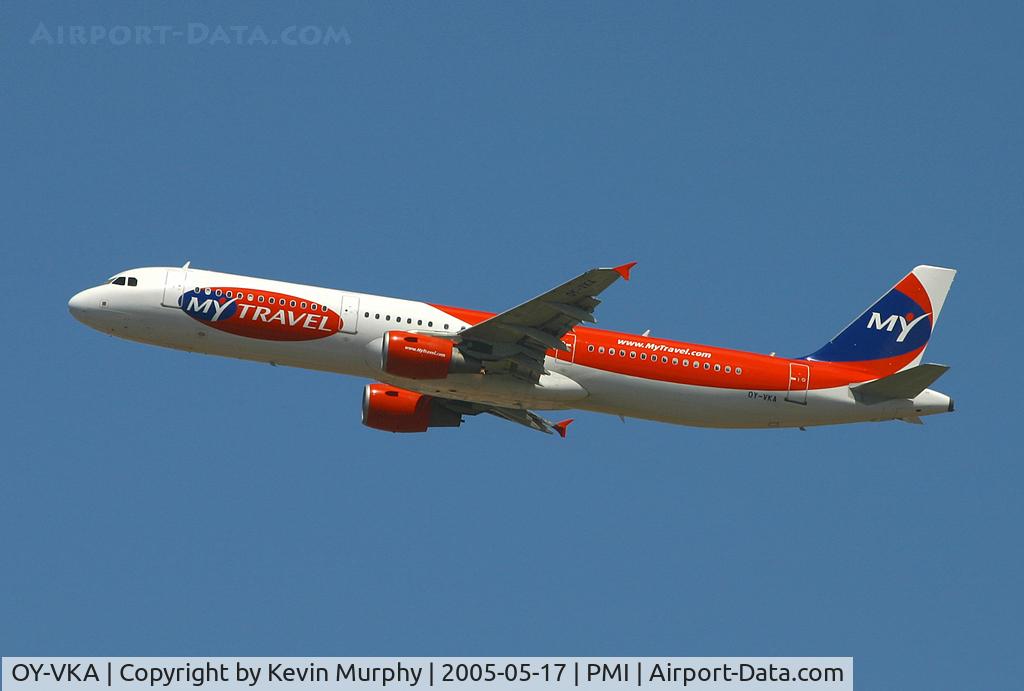 OY-VKA, 2002 Airbus A321-213 C/N 1881, Scandinavian My Travel leaving Palma, Mallorca.