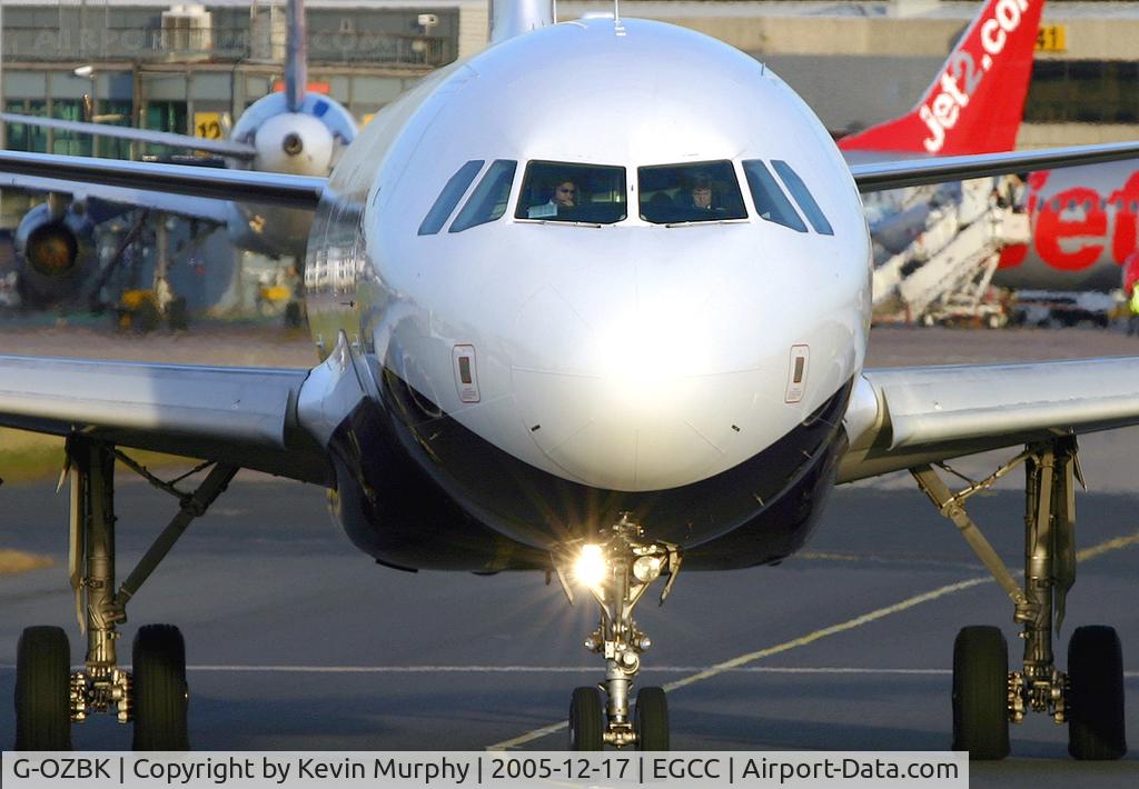 G-OZBK, 2000 Airbus A320-214 C/N 1370, Face to face with a Monarch Airbus.