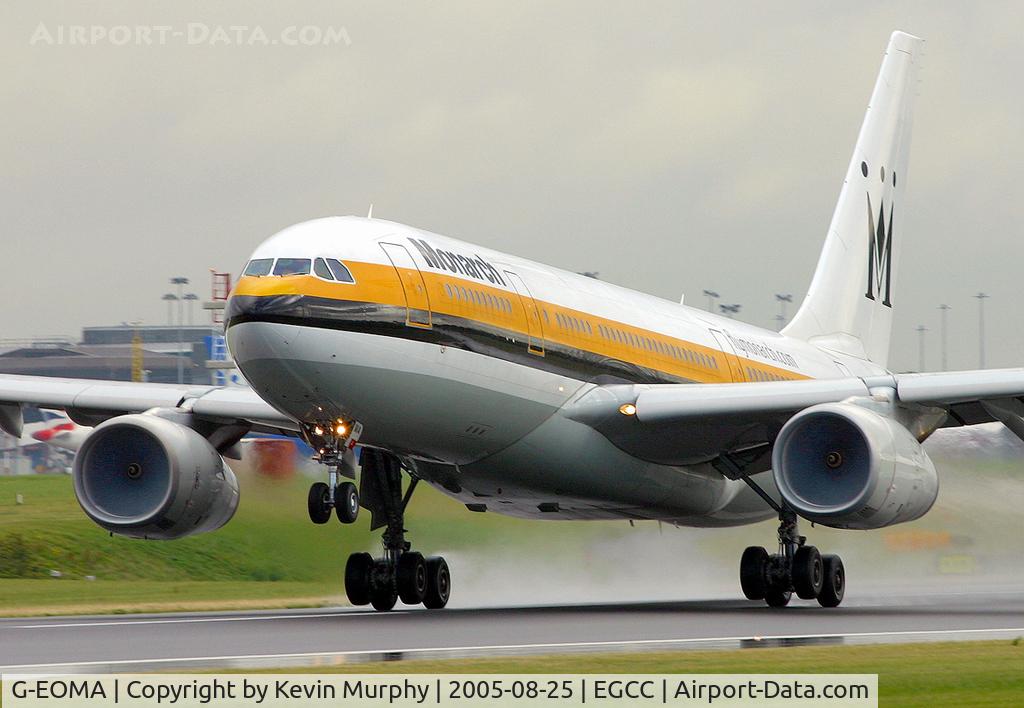 G-EOMA, 1999 Airbus A330-243 C/N 265, Monarch A.330 leaving a very wet 24L.