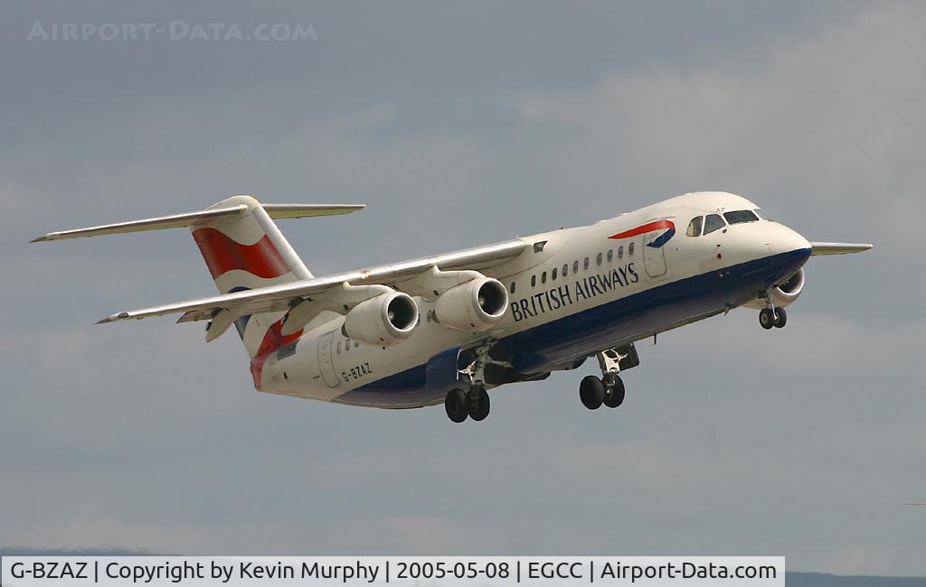 G-BZAZ, 2000 British Aerospace Avro 146-RJ100 C/N E3369, BA's 4 pot commuter after take off from 24L.