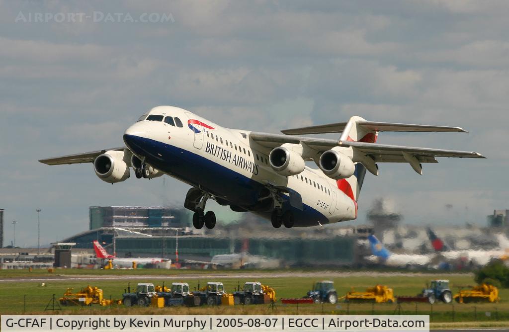 G-CFAF, 2001 British Aerospace Avro 146-RJ100 C/N E3382, Rising gently from 24L.