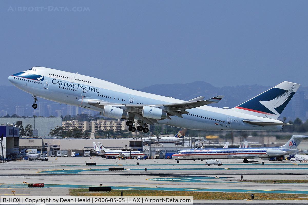 B-HOX, 1991 Boeing 747-467 C/N 24955, Cathay Pacific B-HOX (FLT CPA885) departing LAX RWY 25R enroute to Hong Kong Int'l (VHHH).