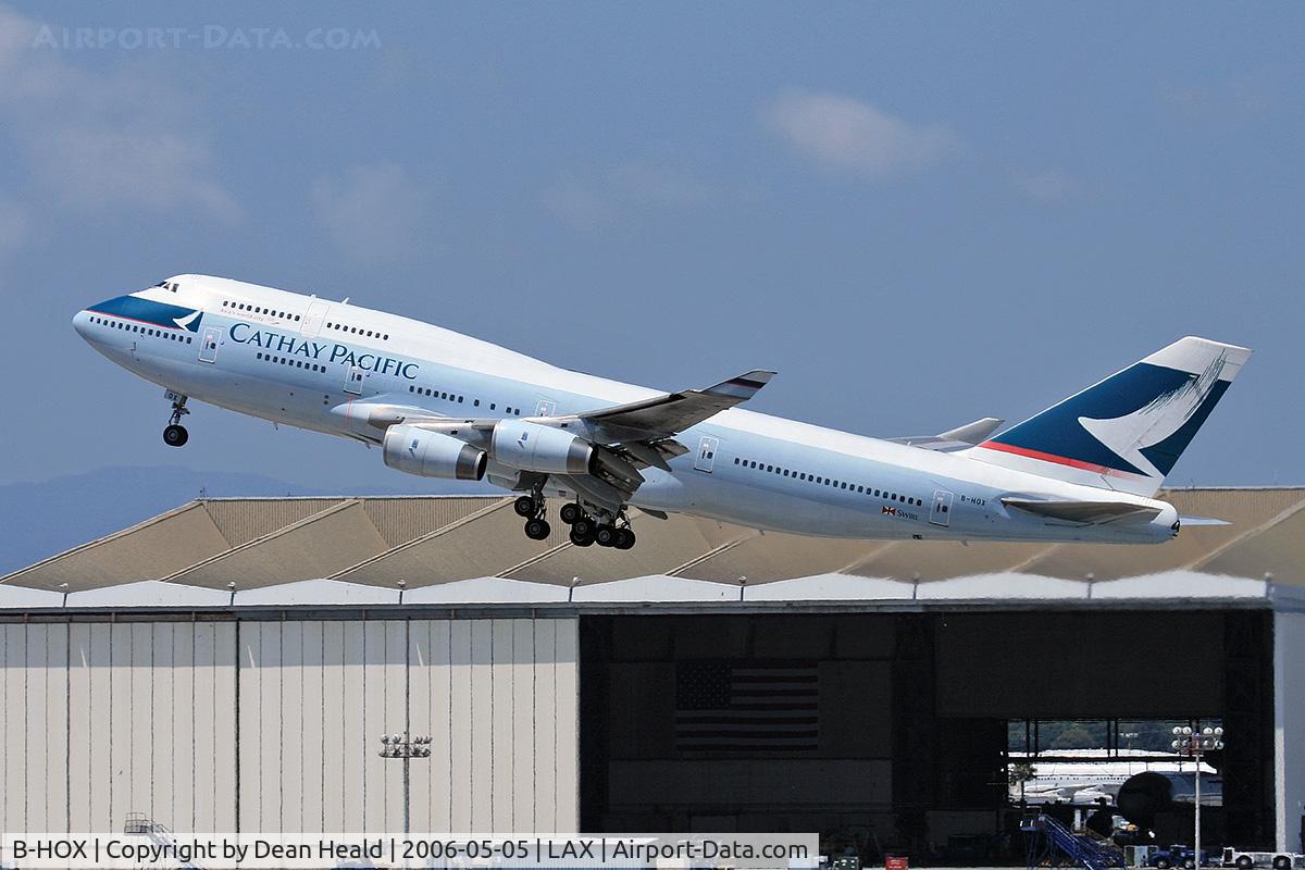 B-HOX, 1991 Boeing 747-467 C/N 24955, Cathay Pacific B-HOX (FLT CPA885) departing LAX RWY 25R enroute to Hong Kong Int'l (VHHH).