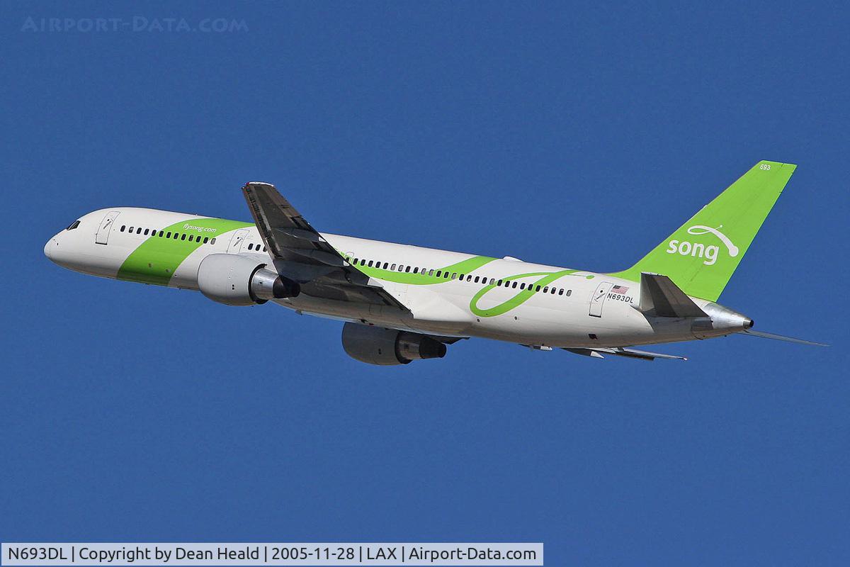 N693DL, 1998 Boeing 757-232 C/N 29725, Song Airlines N693DL climbing out from LAX RWY 25R.