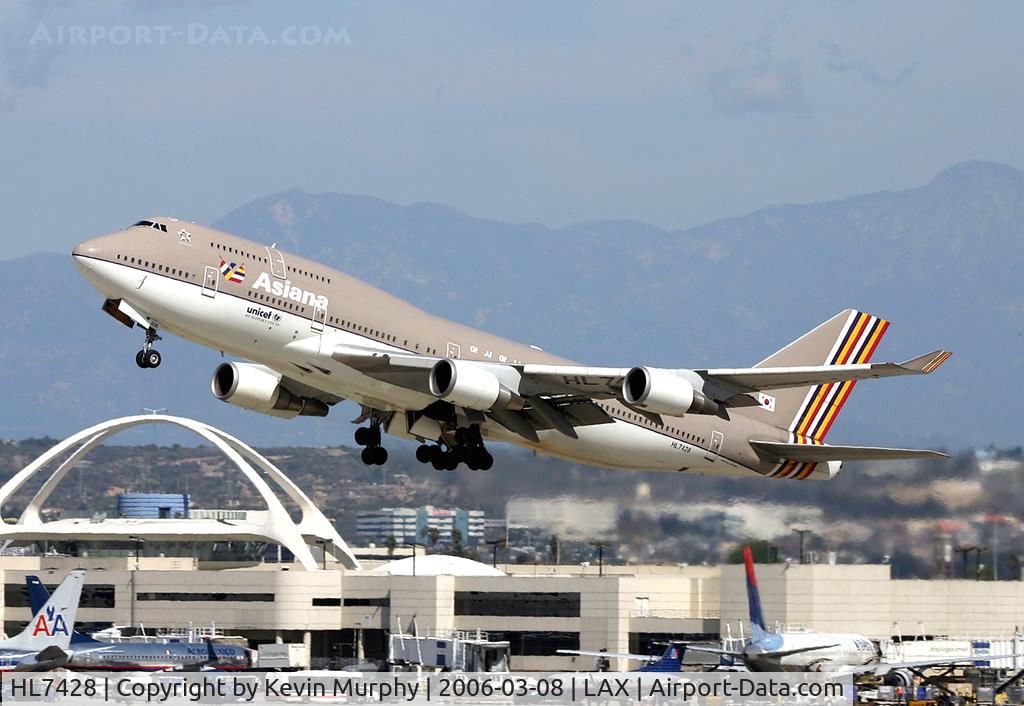 HL7428, 1998 Boeing 747-48E C/N 28552, Leaving LAX in style.