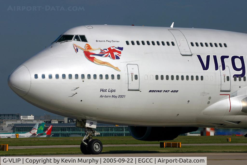 G-VLIP, 2001 Boeing 747-443 C/N 32338, Nose close up on Hot Lips.