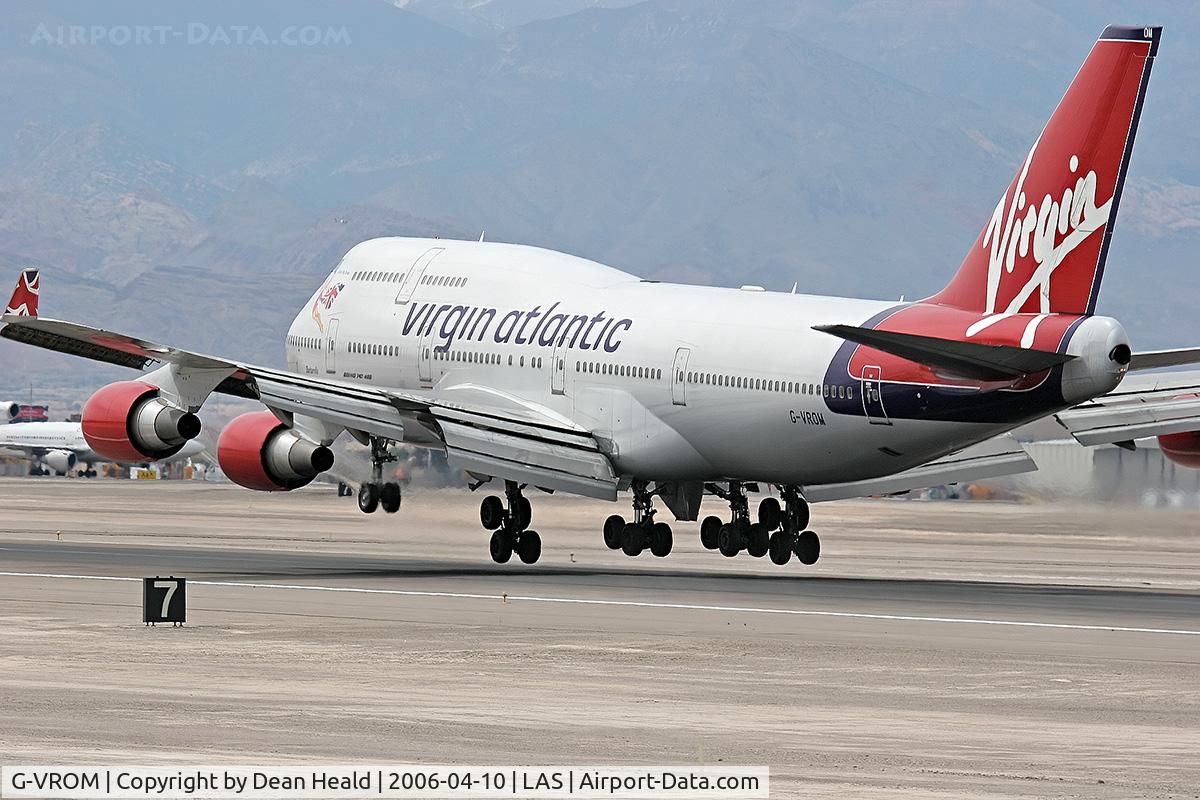 G-VROM, 2001 Boeing 747-443 C/N 32339, Virgin Atlantic G-VROM about to touch down on RWY 25L.