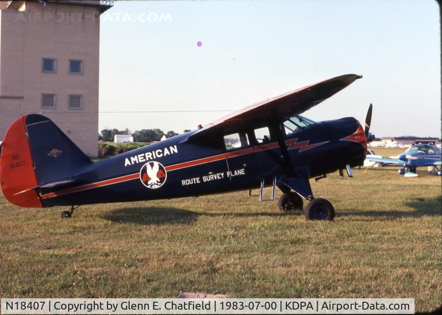 N18407, 1937 Stinson SR-9C Reliant C/N 5313, Parked at the base of the tower.  The pilot was investigating storm-damaged airplanes