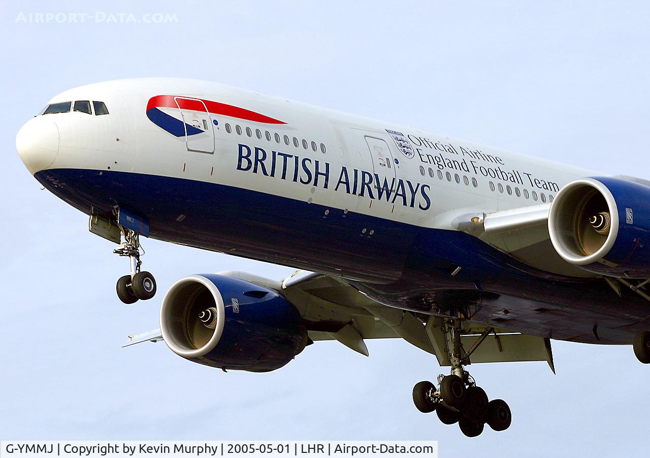 G-YMMJ, 2000 Boeing 777-236 C/N 30311, BA 777 with the football logo at Heathrow.
