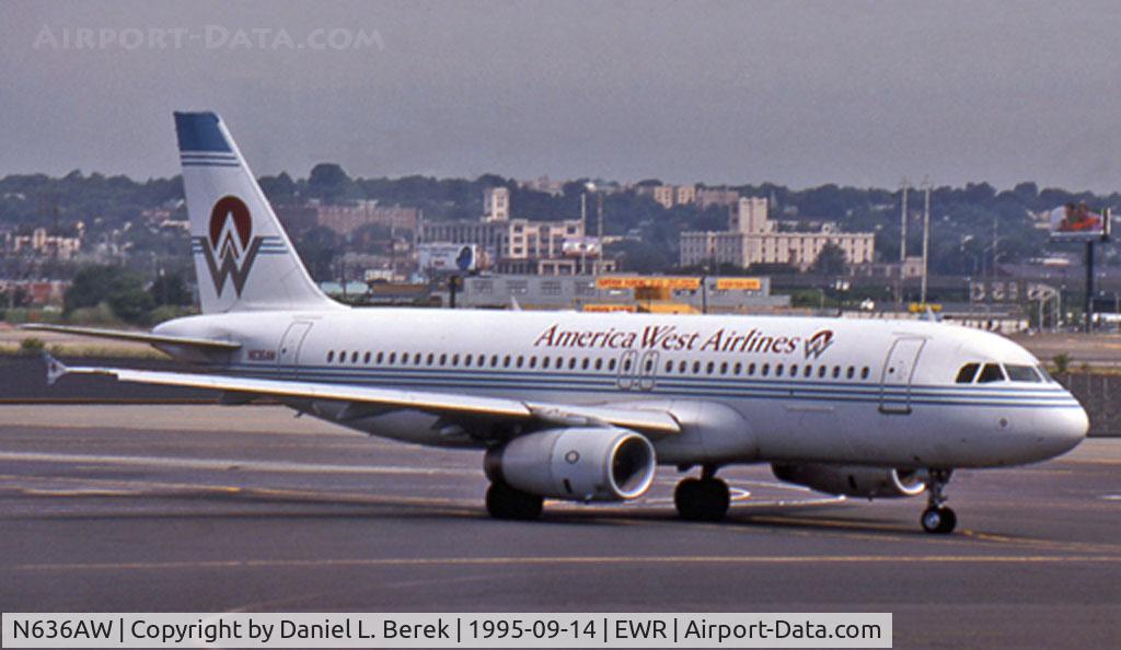 N636AW, 1990 Airbus A320-231 C/N 098, An America West A-320 taxies at Newark International Airport in September 1995, wearing its original livery.