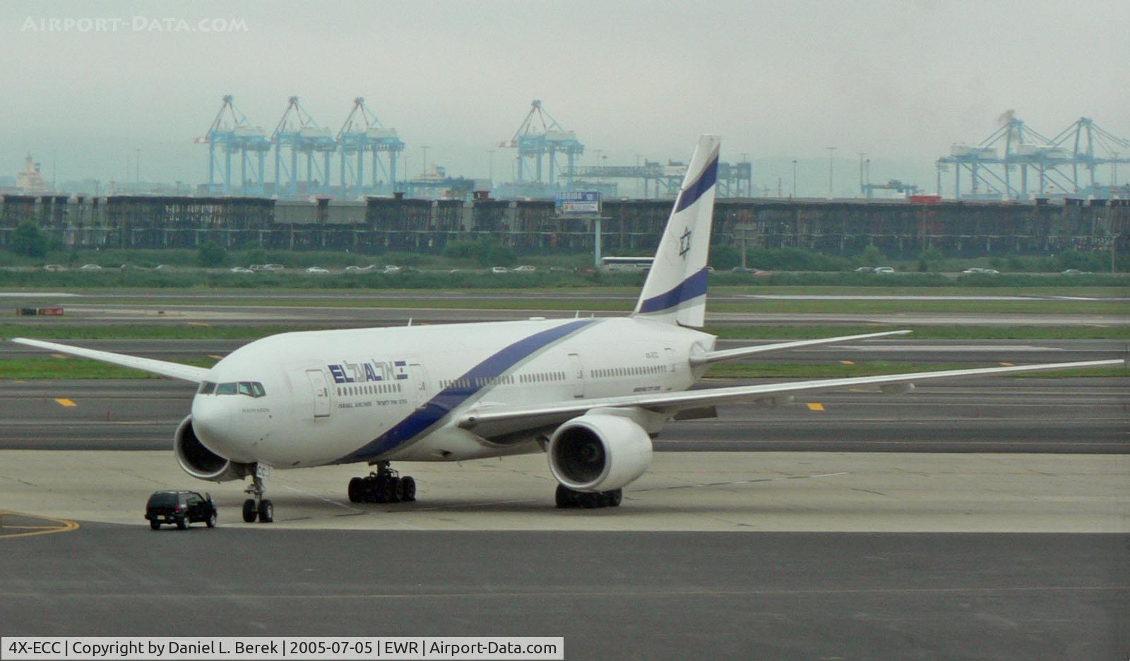 4X-ECC, 2001 Boeing 777-258/ER C/N 30833, This ElAl Triple Seven occupies a space on the apron, awaiting a gate to board passengers for the return flight to Tel Aviv.