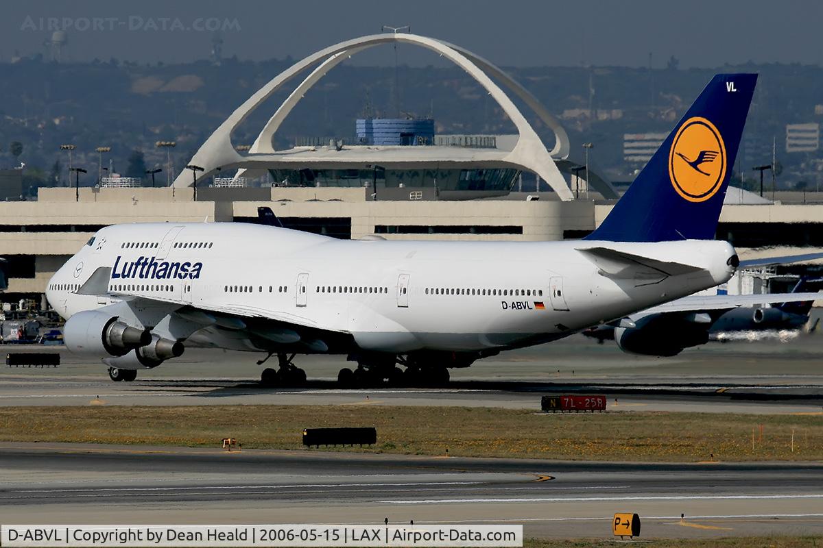 D-ABVL, 1992 Boeing 747-430 C/N 26425, Lufthansa D-ABVL crossing RWY 25R on Taxiway November.