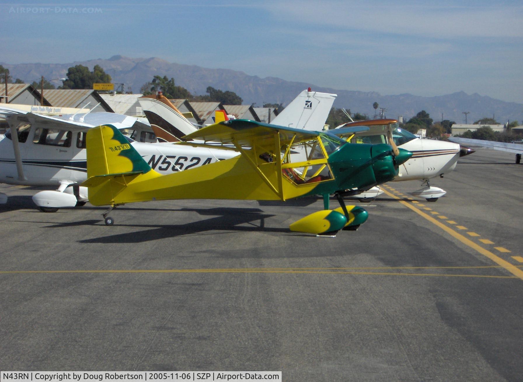 N43RN, 1992 Skystar Kitfox Model 4 Speedster C/N EBS011, 1993 Noragon KITFOX SPEEDSTER, Volkswagen 2180 cc with Ellison throttle body injector, GSC wood prop. 4.1 gal./hr cruise. KX125 Nav/Com, KT76A Xponder, Garmin 295 GPS, Apollo LORAN, strobes & running lights. Wings fold, custom towbar, Qualifies as LSA.