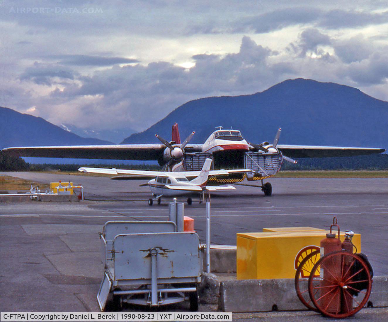 C-FTPA, 1981 Cessna 340A C/N 340A1257, A rare Bristol 170 Freighter awaits its next load at Terrace, BC, Canada.  Hawkair's C-FTPA crashed in 1997. Both pilots were unharmed, but the aircraft was scrapped to keep a sister ship flying.