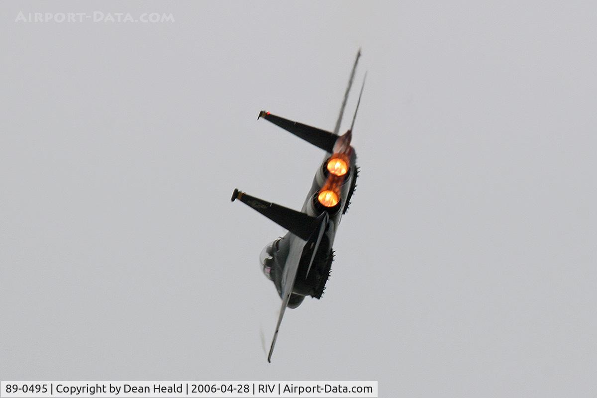 89-0495, 1989 McDonnell Douglas F-15E Strike Eagle C/N 1142/E117, USAF F-15 demonstrating it's maneuverablity at March Air Reserve Base during a practice session.