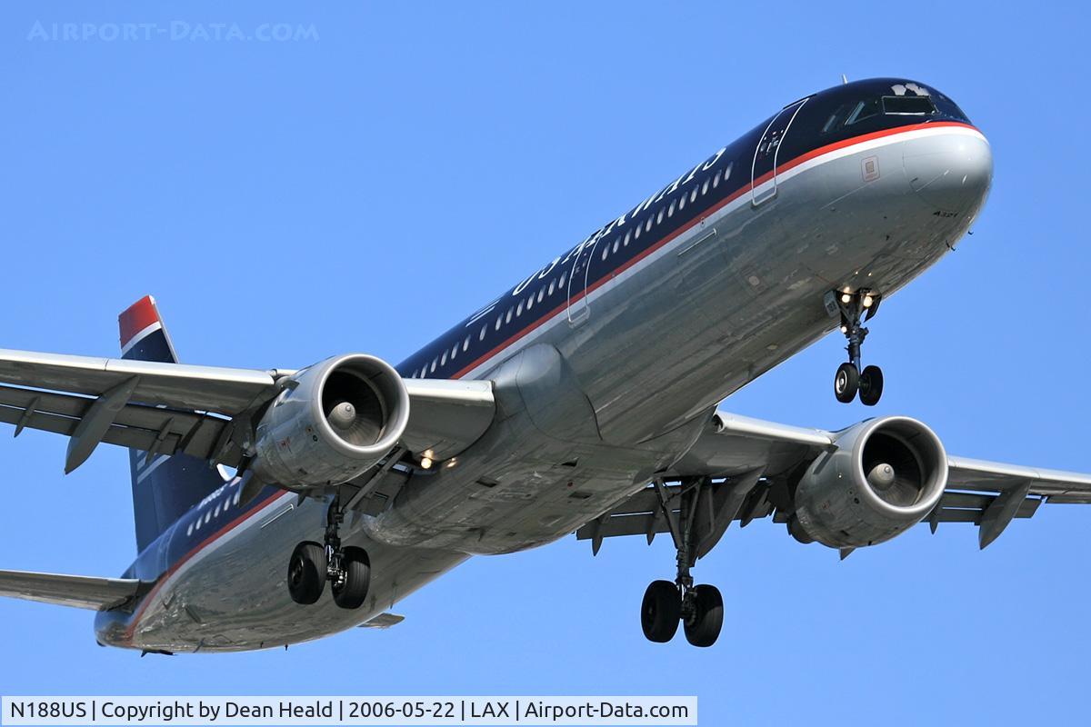 N188US, 2002 Airbus A321-211 C/N 1724, US Airways N188US (FLT USA21) from Philadelphia Int'l (KPHL) on final approach to RWY 24R.