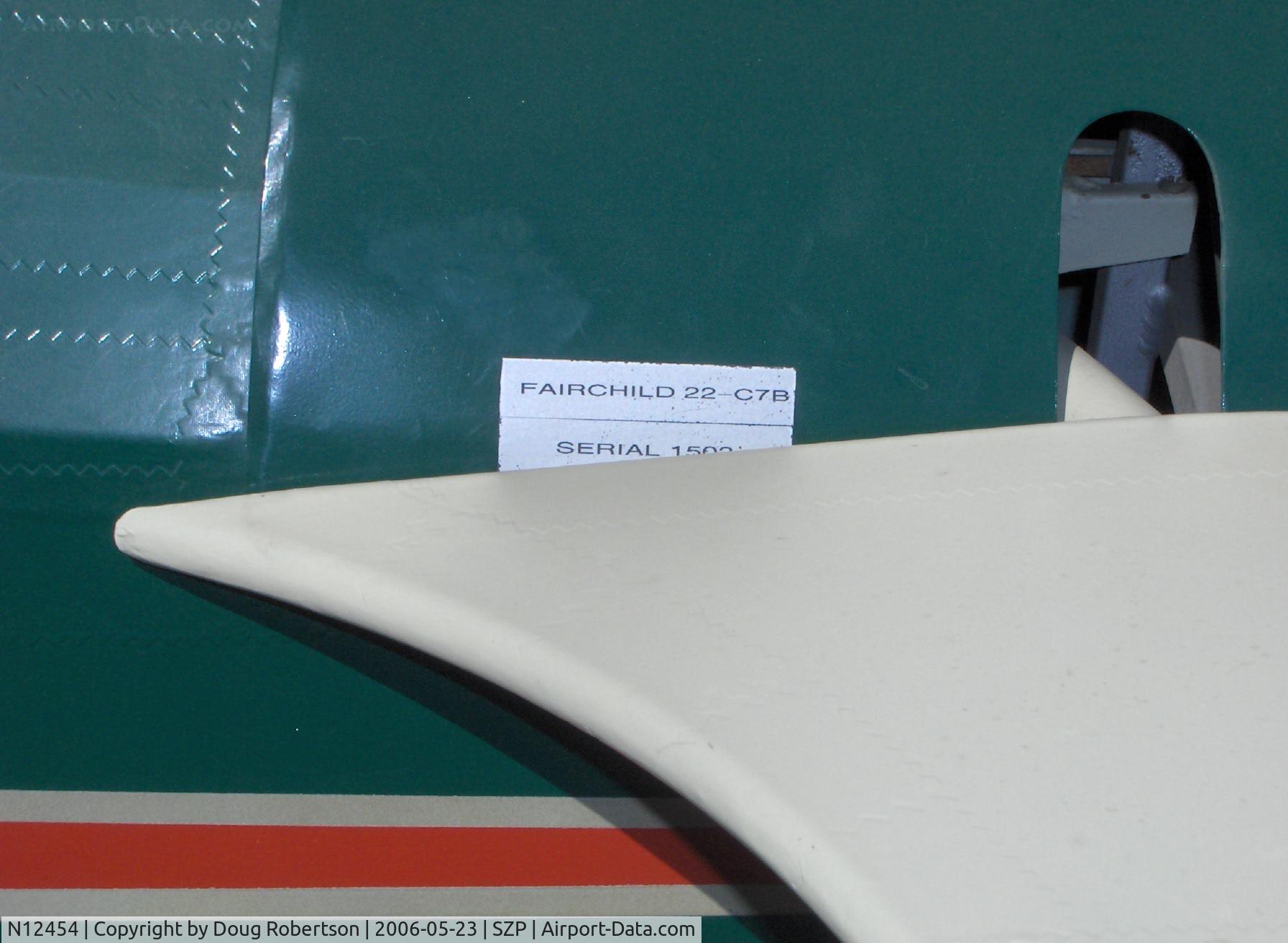 N12454, Fairchild 22 C7B C/N 1503, 1932 Fairchild 22-C7B, data plate Ser. 1503, note all flying horizontal stabilizer