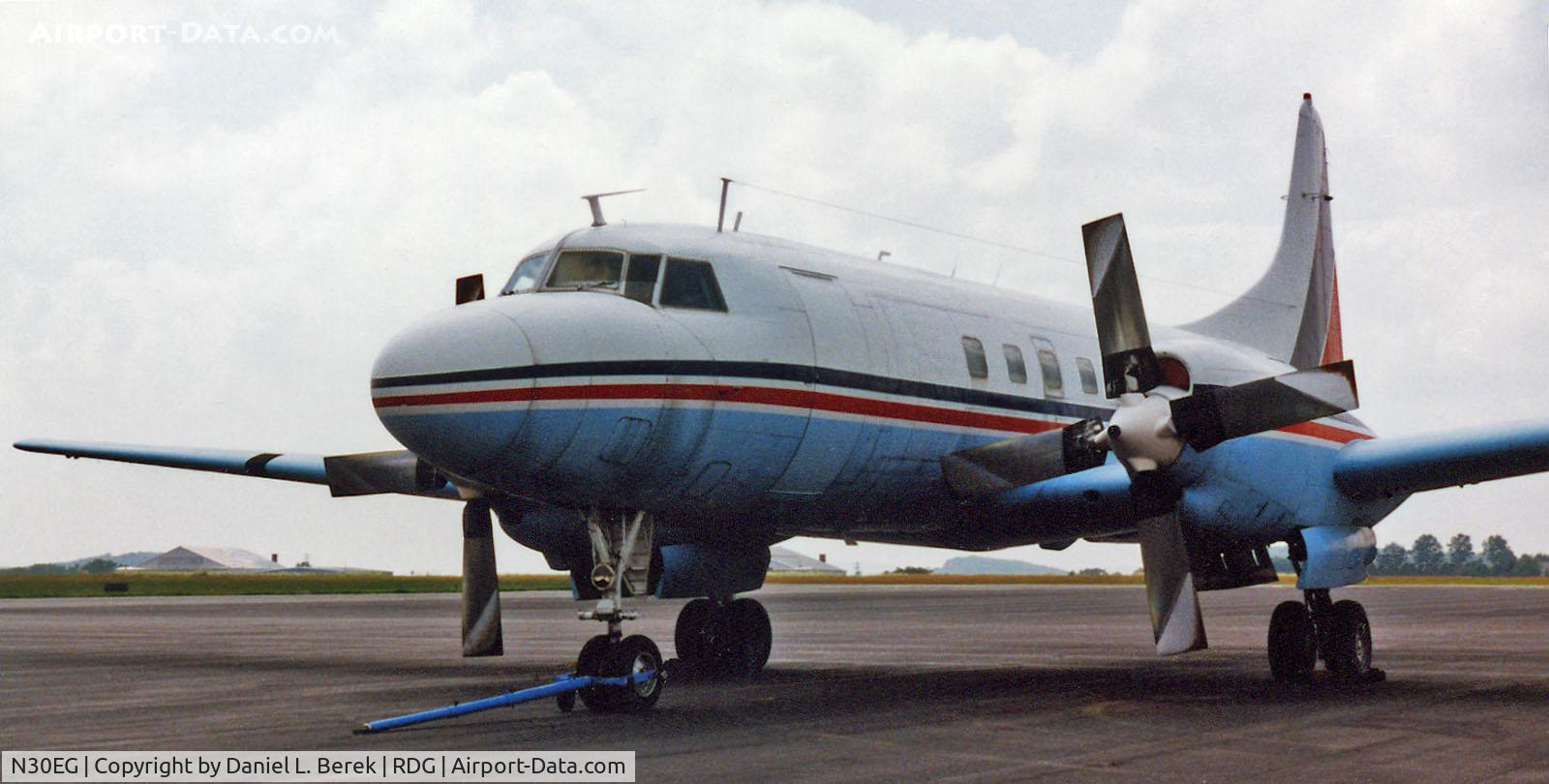 N30EG, 1954 Convair 580 C/N 202, Convair 580 N30EG is seen in happier days at the Mid Atlantic Air Museum, Reading, PA.  The aircraft was sold to the province of Saskatchewan, where it was converted to a tanker.  On May 14, 2006, the aircraft crashed into a swamp, killing one crew member