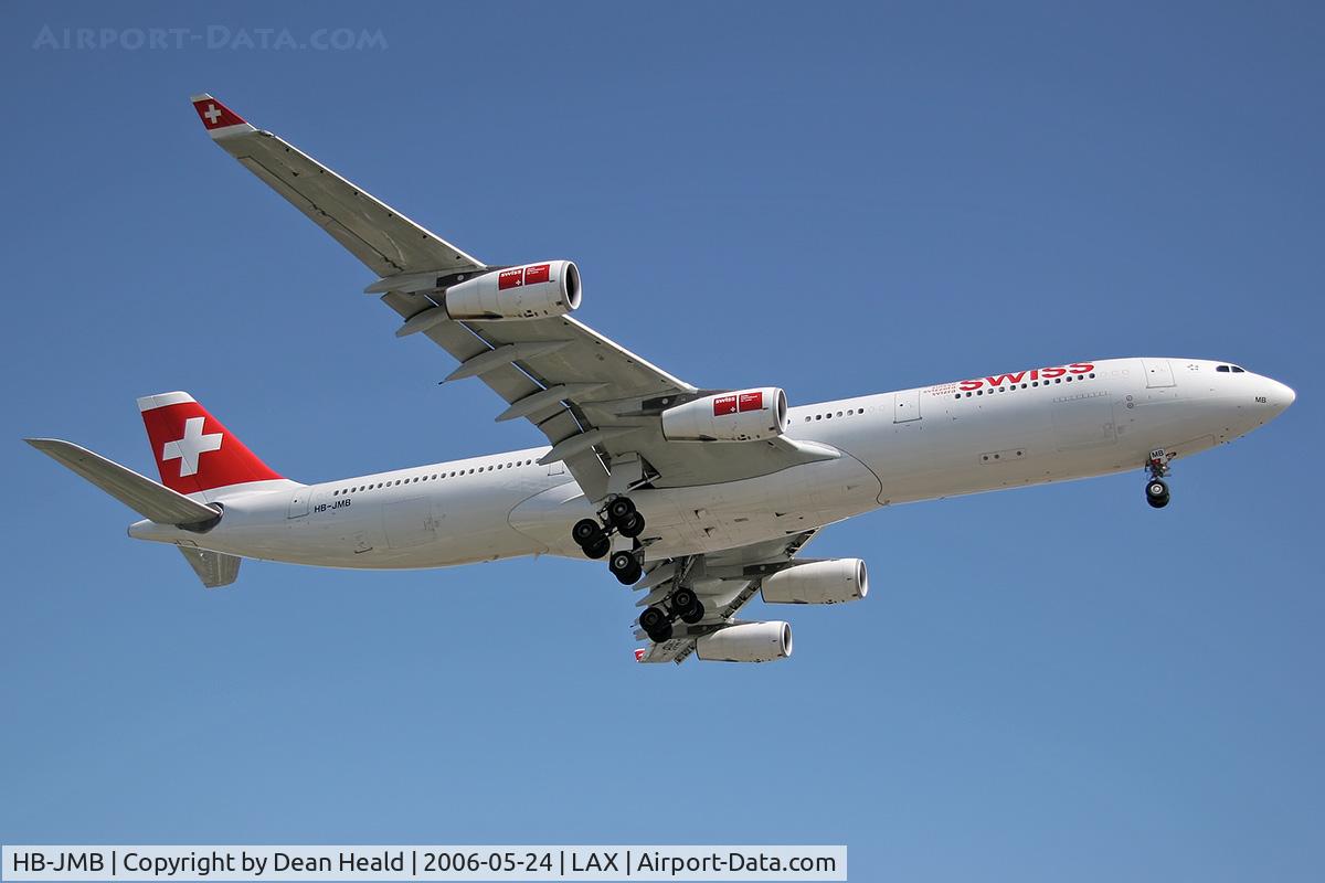 HB-JMB, 2003 Airbus A340-313 C/N 545, Swiss HB-JMB (FLT SWR40) from Zurich, Switzerland (LSZH) on final approach to LAX RWY 24R.