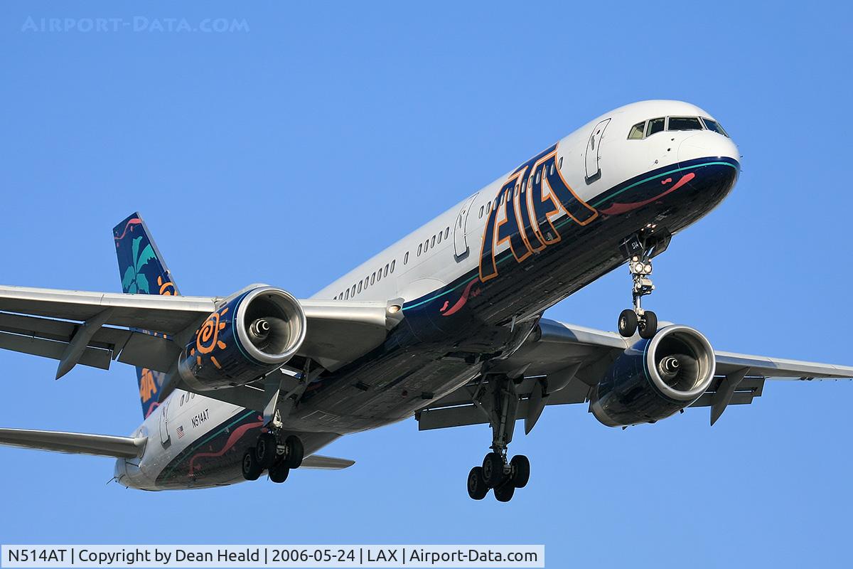 N514AT, 1995 Boeing 757-23N C/N 27971, American Trans Air (ATA) N514AT (FLT AMT6010) from Jacksonville Int'l (KJAX) on final approach to LAX RWY 24R.