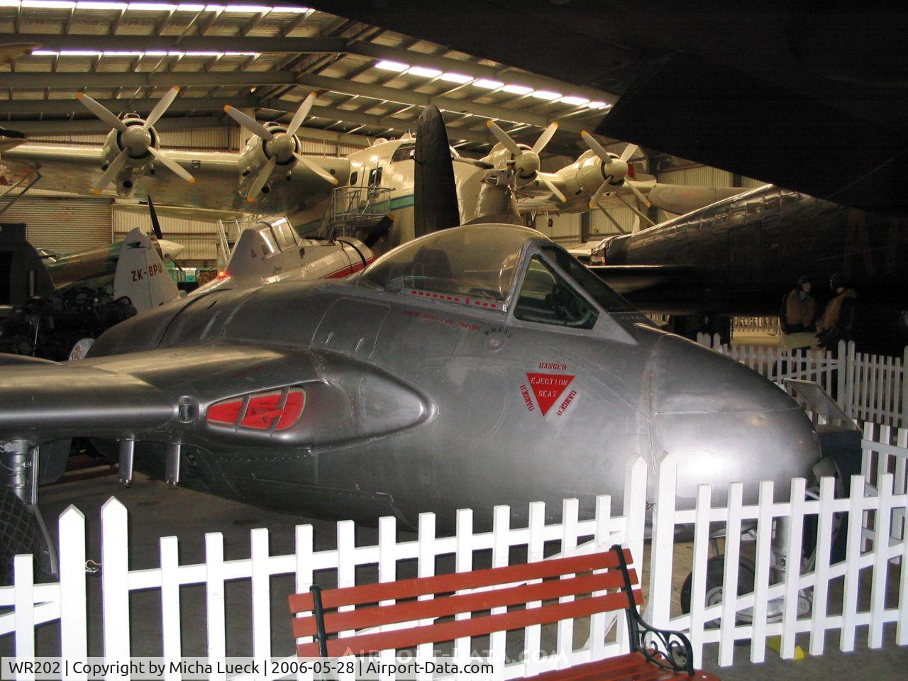 WR202, De Havilland DH-100 Vampire FB.9 C/N 1043, DeHavilland Vampire FB.9 (c/n V1043, frame no. WR202), preserved at the Museum of Transport and Technology (MOTAT) in Auckland, New Zealand.