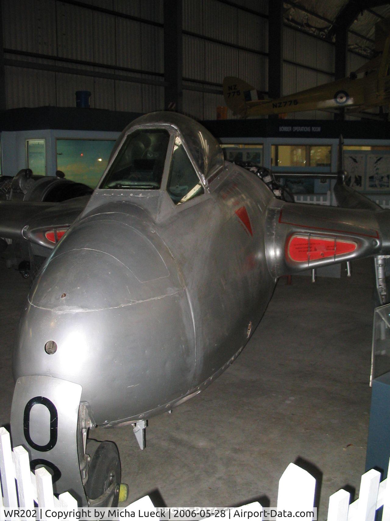 WR202, De Havilland DH-100 Vampire FB.9 C/N 1043, DeHavilland Vampire FB.9 (c/n V1043, frame no. WR202), preserved at the Museum of Transport and Technology (MOTAT) in Auckland, New Zealand.